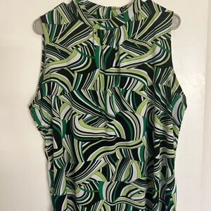 Blouse Green Graphic Sleeveless Blouse with Mandarin Collar Lg